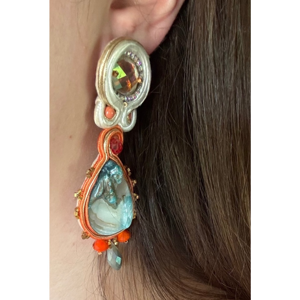 Bohemian Statement Drop Earrings Soutache Shell D… - image 1